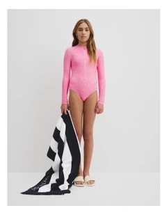 Logo Long Sleeve Swimsuit in Pink Multi