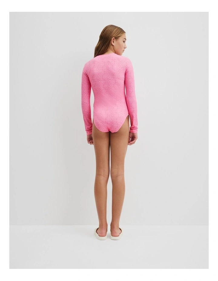 Logo Long Sleeve Swimsuit in Pink Multi image 4