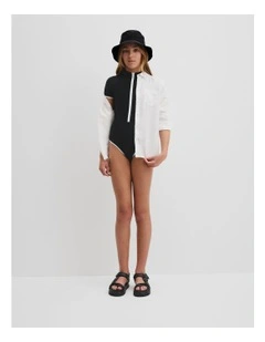 Short Sleeve Contrast Logo Swimsuit in Black
