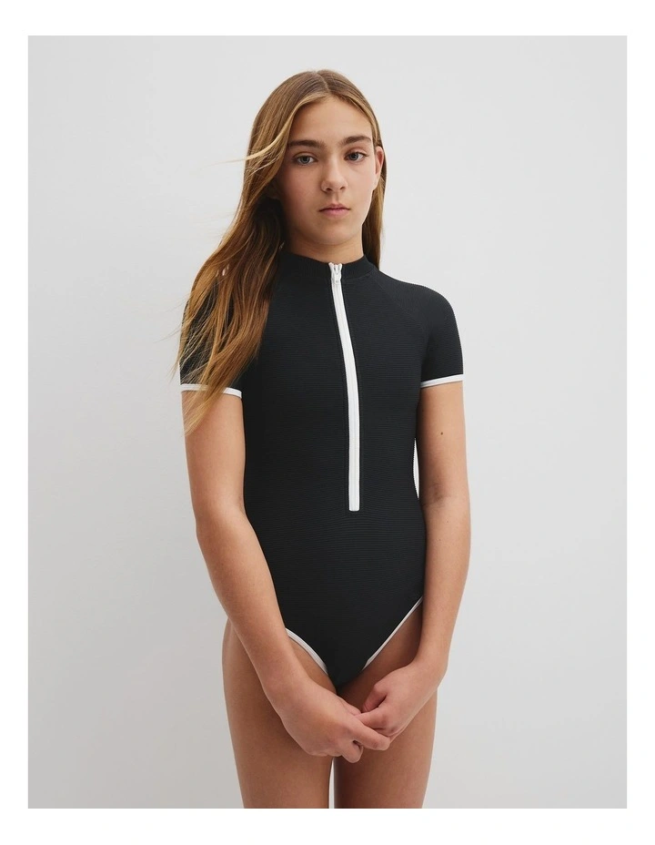 Short Sleeve Contrast Logo Swimsuit in Black image 2