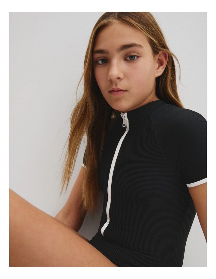 Short Sleeve Contrast Logo Swimsuit in Black image 3