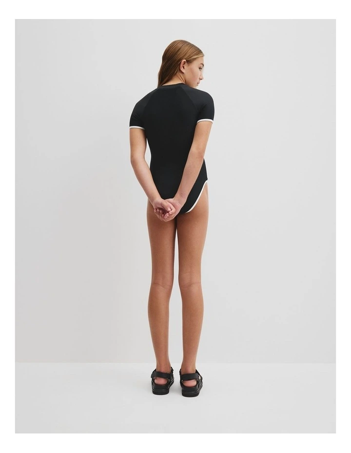 Short Sleeve Contrast Logo Swimsuit in Black image 4