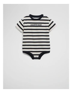 Organically Grown Cotton Oversize Stripe Short Sleeve Bodysuit in Navy