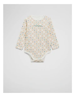 Organically Grown Cotton Long Sleeve Logo Printed Bodysuit in Neutral Check