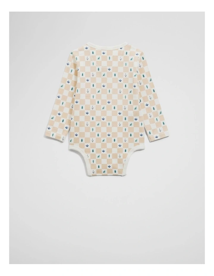Organically Grown Cotton Long Sleeve Logo Printed Bodysuit in Neutral Check image 2