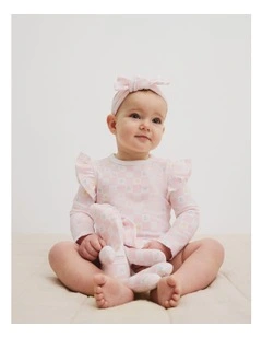 Organically Grown Cotton Frill Long Sleeve Logo Bodysuit in Pink Check