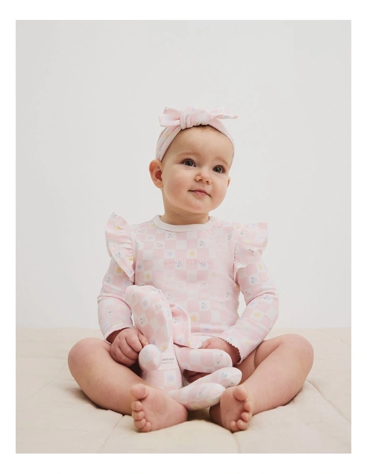 Organically Grown Cotton Frill Long Sleeve Logo Bodysuit in Pink Check image 1