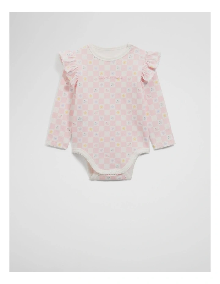 Organically Grown Cotton Frill Long Sleeve Logo Bodysuit in Pink Check image 3