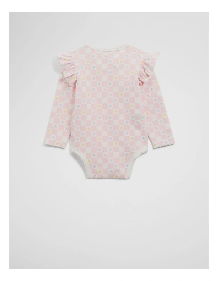 Organically Grown Cotton Frill Long Sleeve Logo Bodysuit in Pink Check image 4