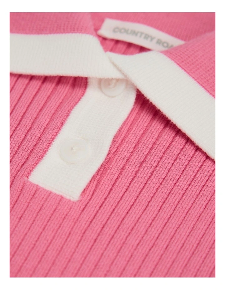 Organically Grown Cotton Blend Collared Short Sleeve Knit Dress in Rouge Pink image 2
