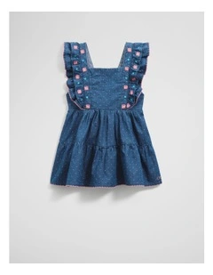 Organically Grown Cotton Chambray Frill Embroidered Dress in Chambray