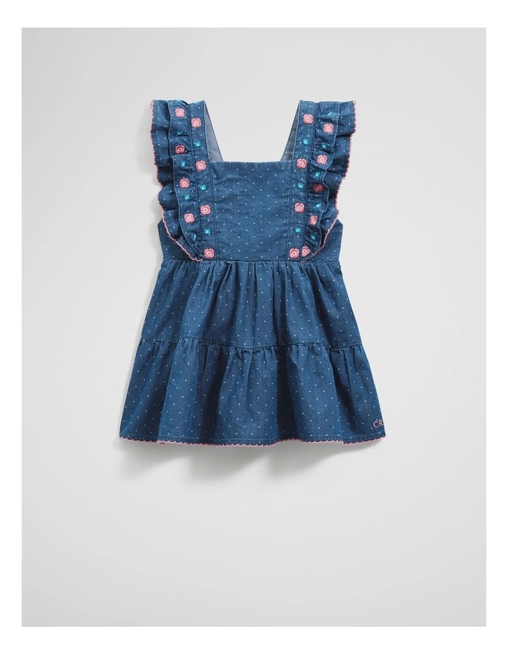 Organically Grown Cotton Chambray Frill Embroidered Dress in Chambray image 1