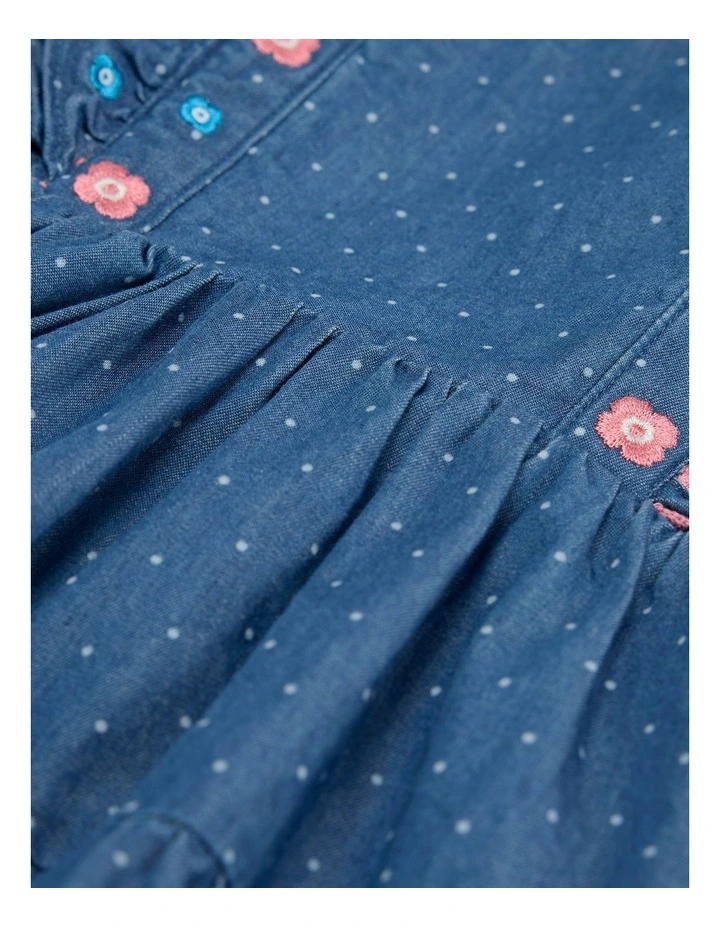 Organically Grown Cotton Chambray Frill Embroidered Dress in Chambray image 2