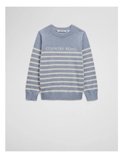 Organically Grown Cotton Stripe Logo Knit in Cornflower Marle