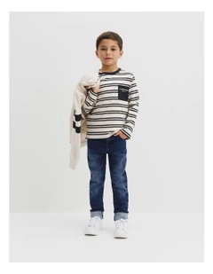 Organically Grown Cotton Long Sleeve Pocket T-shirt in Charcoal Stripe