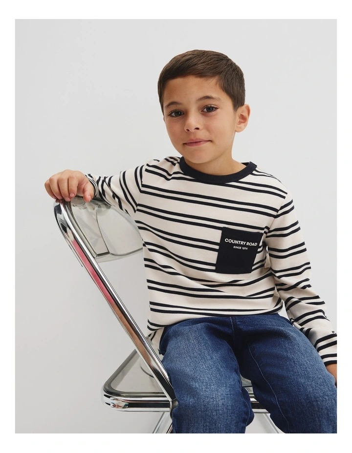 Organically Grown Cotton Long Sleeve Pocket T-shirt in Charcoal Stripe image 2