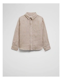 Organically Grown Linen Long Sleeve Linen Shirt in Latte Stripe