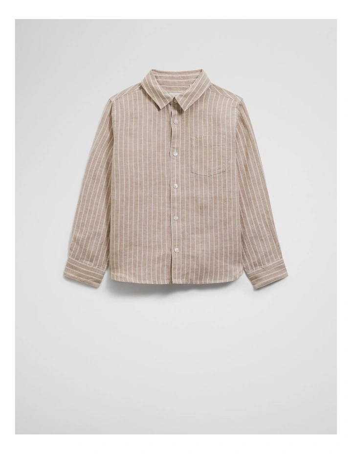 Organically Grown Linen Long Sleeve Linen Shirt in Latte Stripe image 1