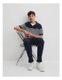 Teen Australian Cotton Stripe Knit Polo in Navy
