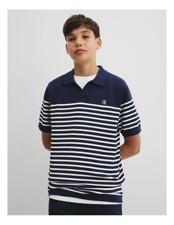 Teen Australian Cotton Stripe Knit Polo in Navy image 2