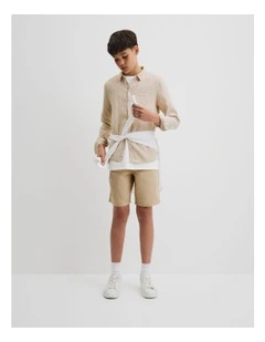 Teen Organically Grown Linen Long Sleeve Shirt in Latte Stripe