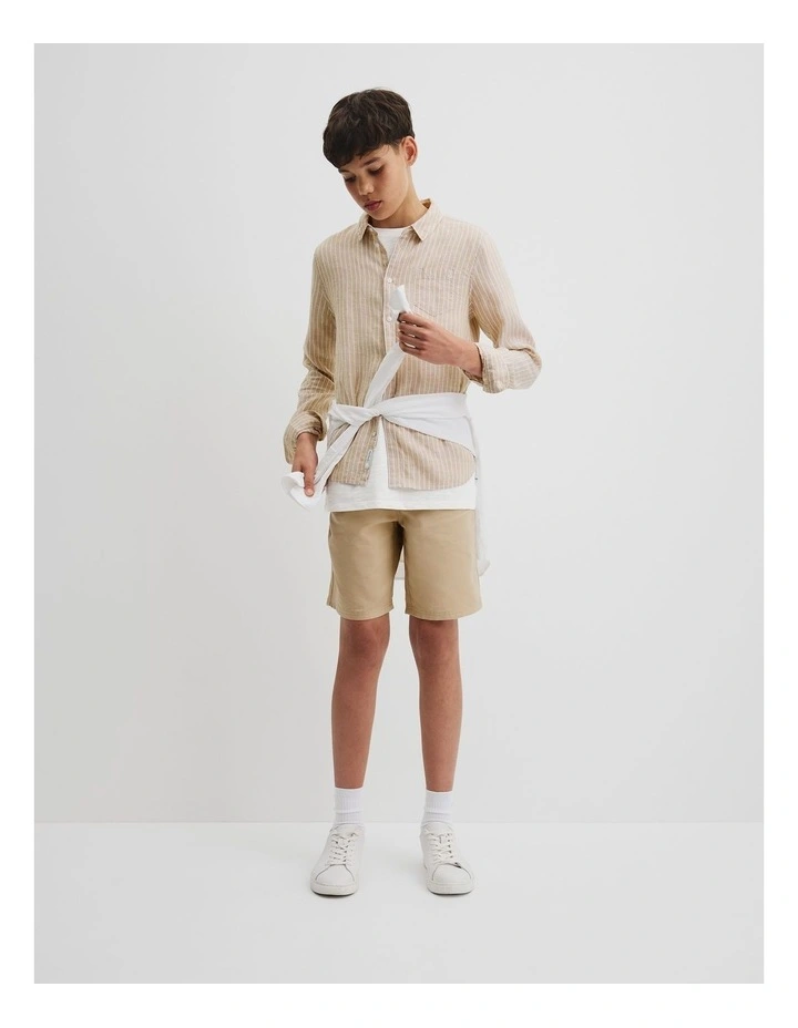 Teen Organically Grown Linen Long Sleeve Shirt in Latte Stripe image 1
