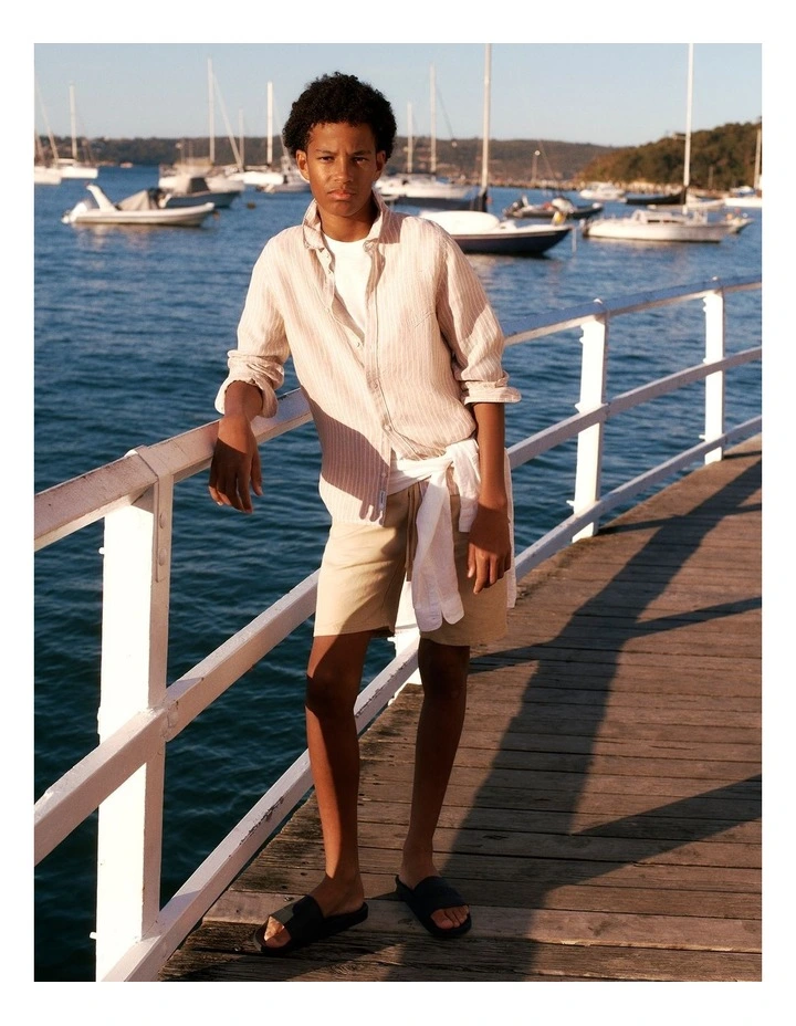Teen Organically Grown Linen Long Sleeve Shirt in Latte Stripe image 2