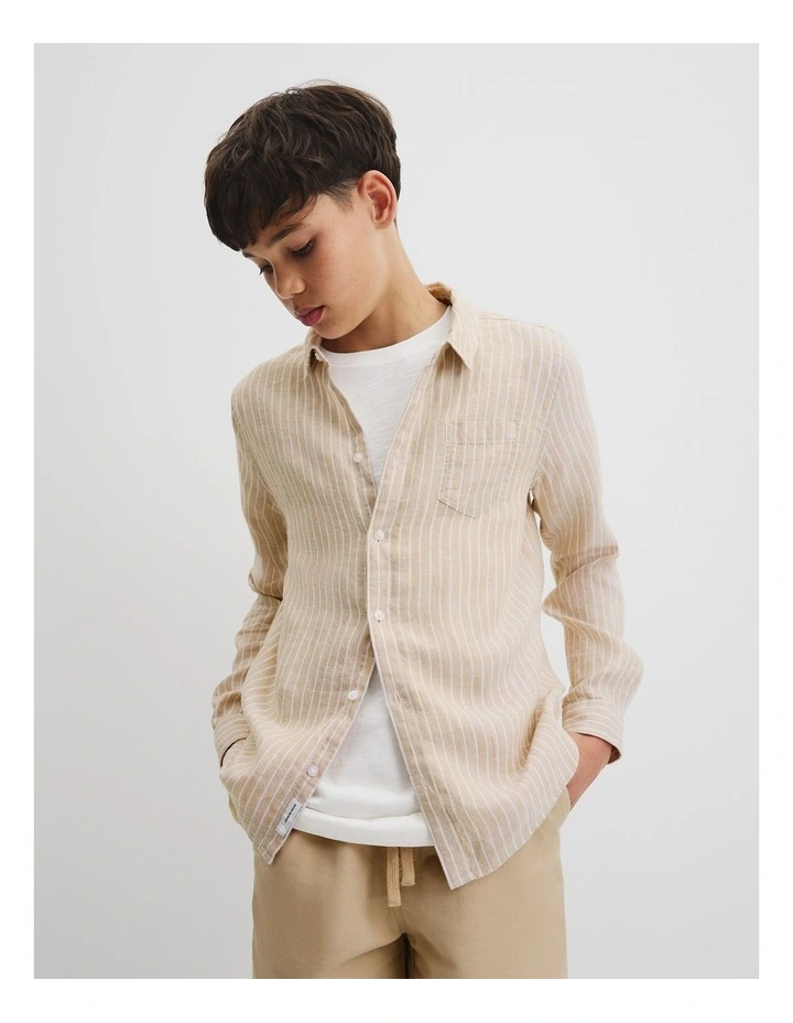 Teen Organically Grown Linen Long Sleeve Shirt in Latte Stripe image 3