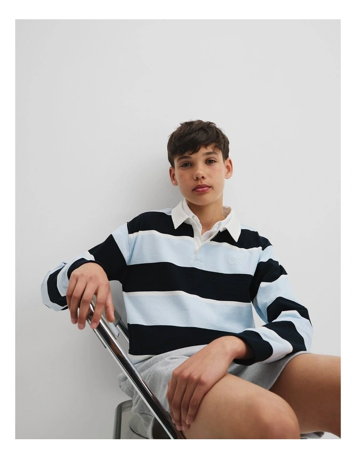 Teen Recycled Cotton Blend Long Sleeve Rugby T-shirt in Soft Blue Stripe image 2