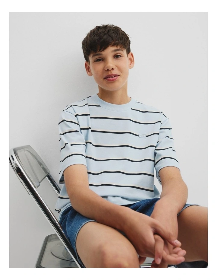 Teen Australian Cotton Relaxed Stripe T-shirt in Soft Blue Stripe image 2