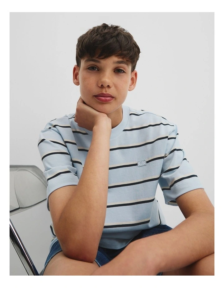 Teen Australian Cotton Relaxed Stripe T-shirt in Soft Blue Stripe image 3