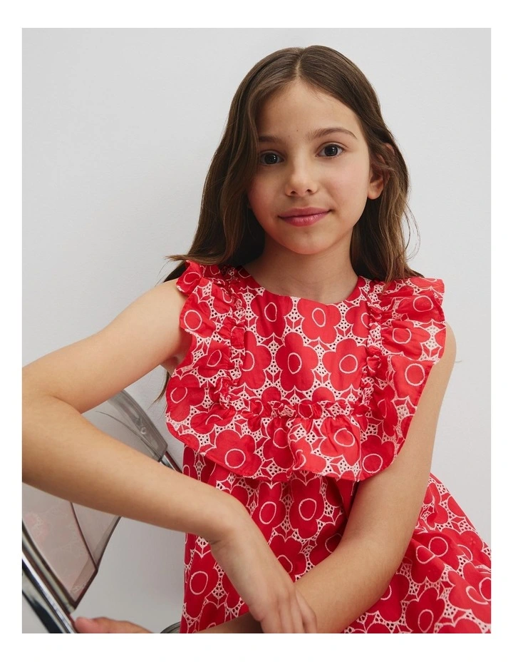 Organically Grown Cotton Broderie Mini Dress in Watermelon image 2