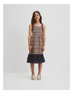Organically Grown Cotton Spliced Midi Dress in Navy Floral