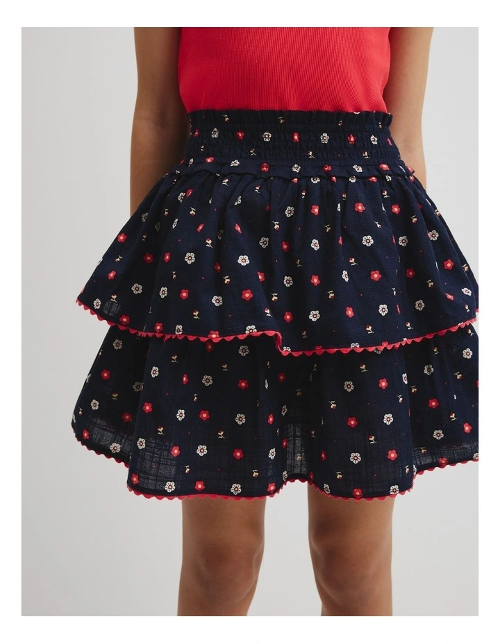 Organically Grown Cotton Tiered Ruffle Skirt in Navy Ditsy image 2