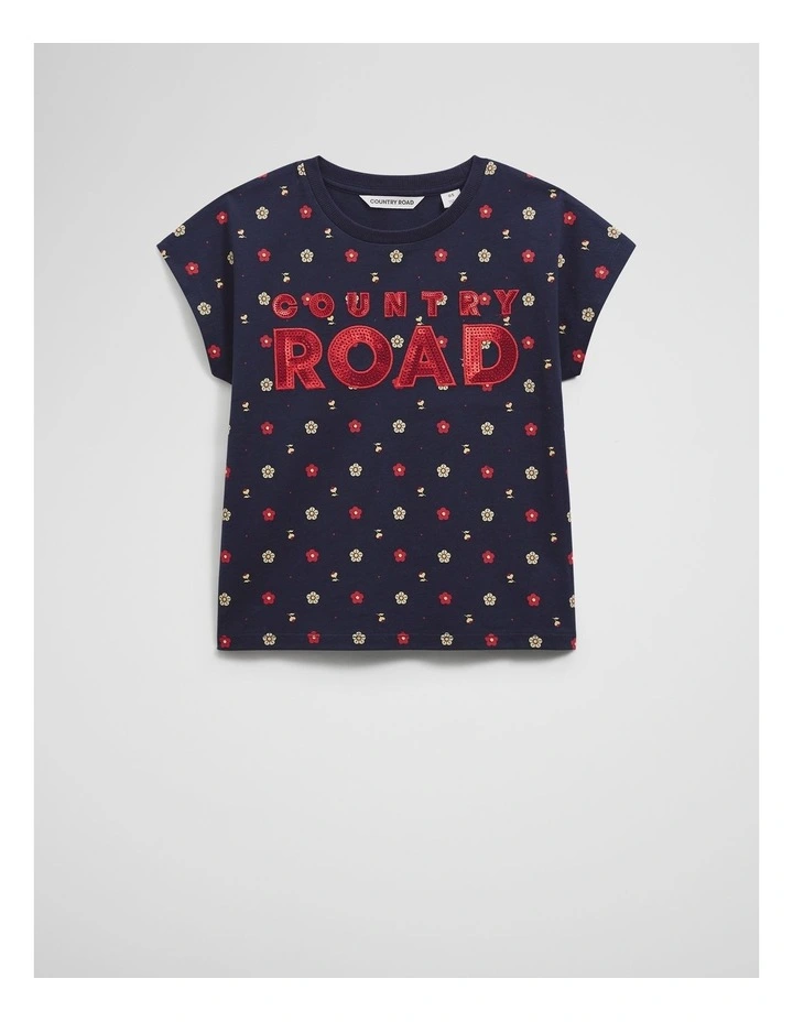 Organically Grown Cotton Sequin Logo T-shirt in Navy Ditsy image 1