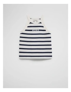 Organically Grown Cotton Logo Halter Tank in Navy Stripe