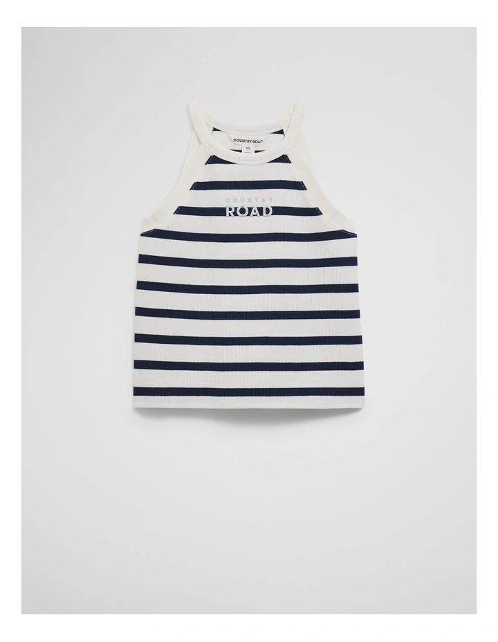 Organically Grown Cotton Logo Halter Tank in Navy Stripe image 1
