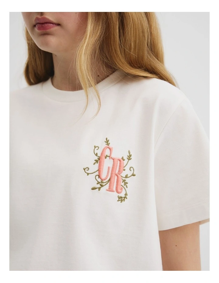 Floral Logo Embroidered T-shirt in Marshmallow image 3