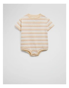 Organically Grown Cotton Oversize Stripe Short Sleeve Bodysuit in Lemon