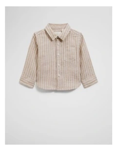 Organically Grown Linen Long Sleeve Linen Shirt in Latte Stripe