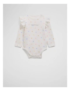 Organically Grown Cotton Frill Long Sleeve Logo Bodysuit in Multi Spot Marsh