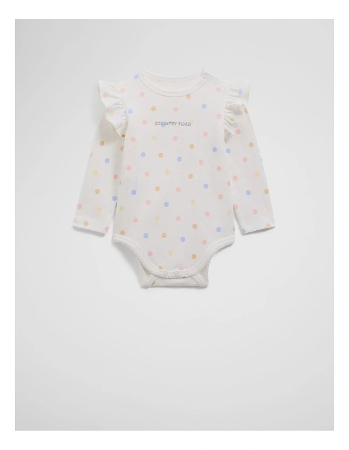 Organically Grown Cotton Frill Long Sleeve Logo Bodysuit in Multi Spot Marsh image 1