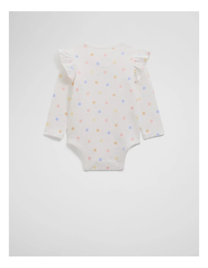 Organically Grown Cotton Frill Long Sleeve Logo Bodysuit in Multi Spot Marsh image 2