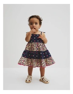 Organically Grown Cotton Tiered Spliced Romper in Navy Floral