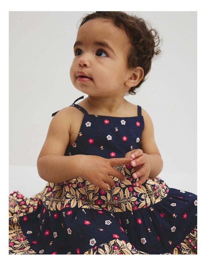 Organically Grown Cotton Tiered Spliced Romper in Navy Floral image 2