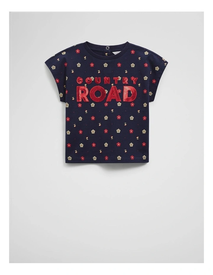 Organically Grown Cotton Sequin Logo T-shirt in Navy Ditsy image 1