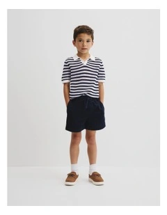 Open Neck Knit Polo in Navy Stripe