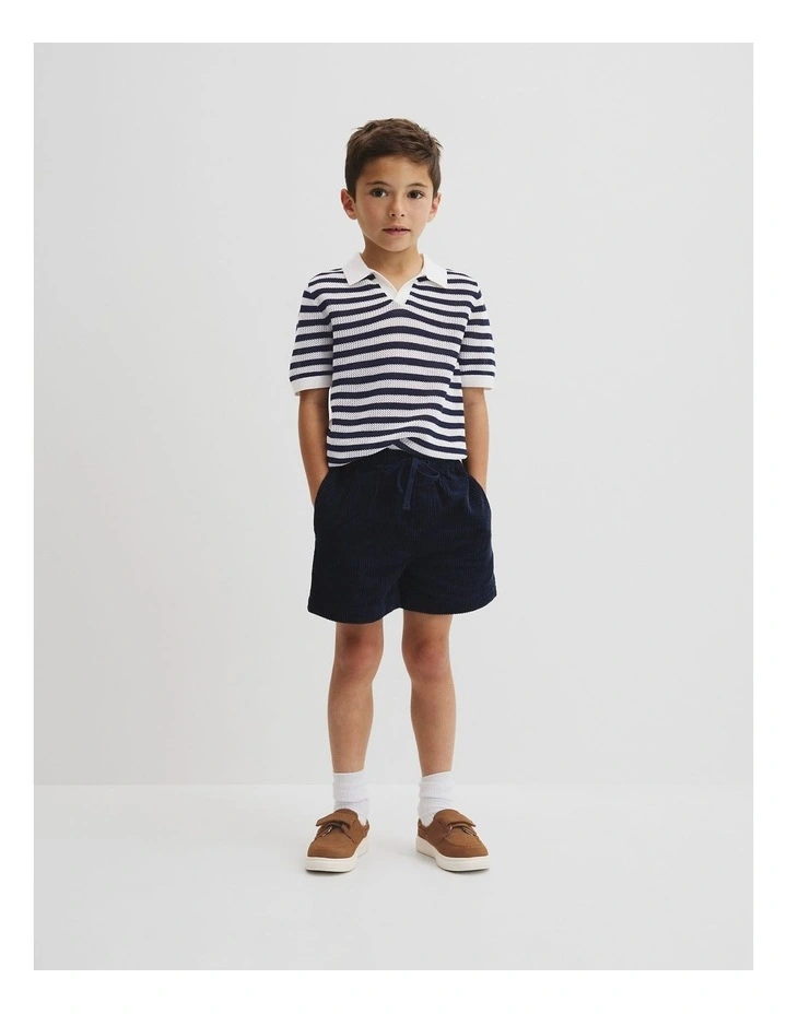 Open Neck Knit Polo in Navy Stripe image 1