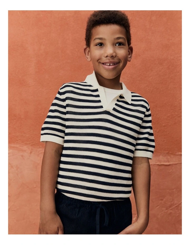 Open Neck Knit Polo in Navy Stripe image 2
