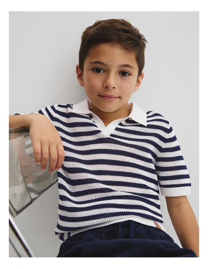 Open Neck Knit Polo in Navy Stripe image 3